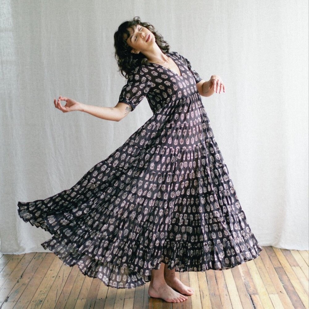Daughters of India Black Maxi Dress with Pink Floral Print